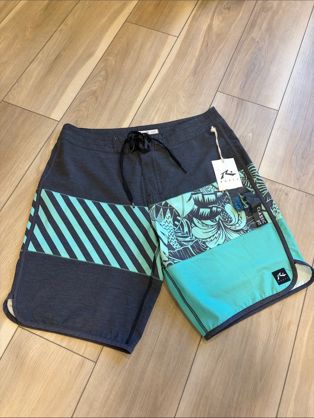 New Rusty Teal & charcoal Panel Swim Boardshorts